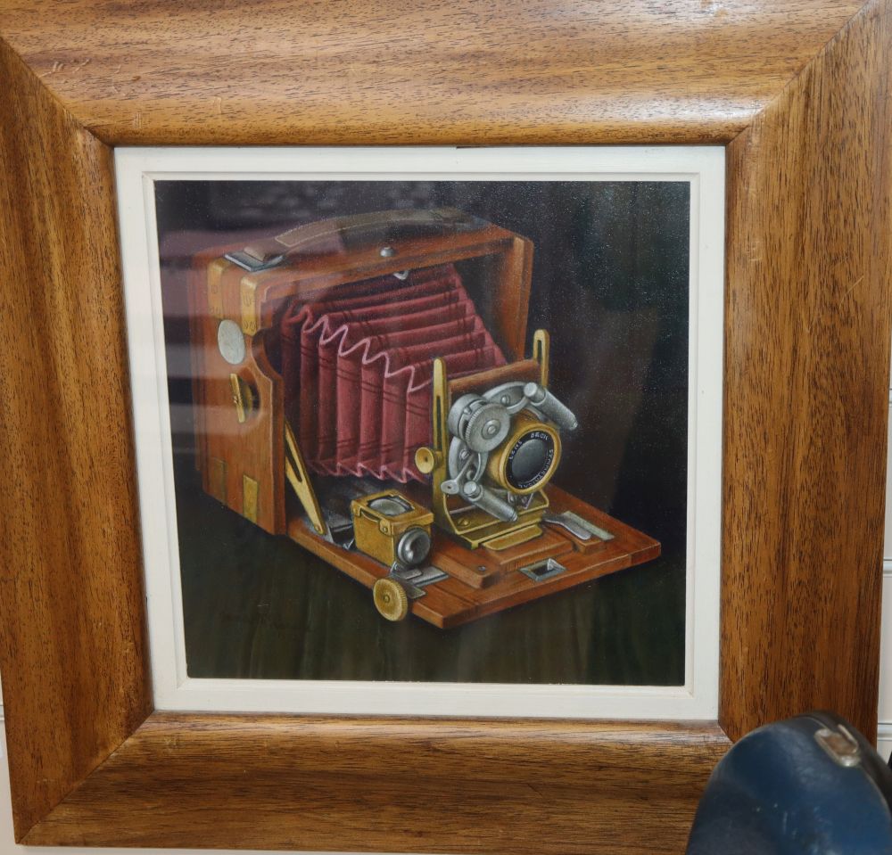 James McDonald (Scottish b. 1956), Camera, signed, acrylic on board, 28.5c, x 28.5cm